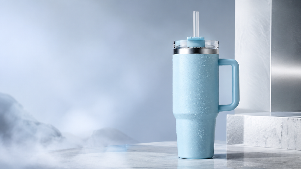 Pale ice-blue tumbler capacity detail
