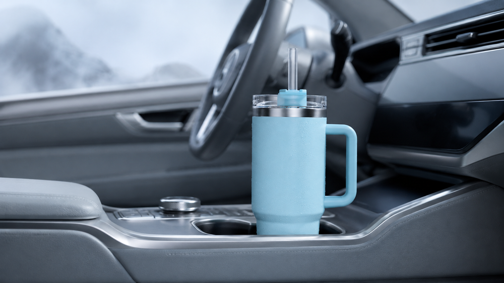 Pale ice-blue tumbler fitted in a car cup holder