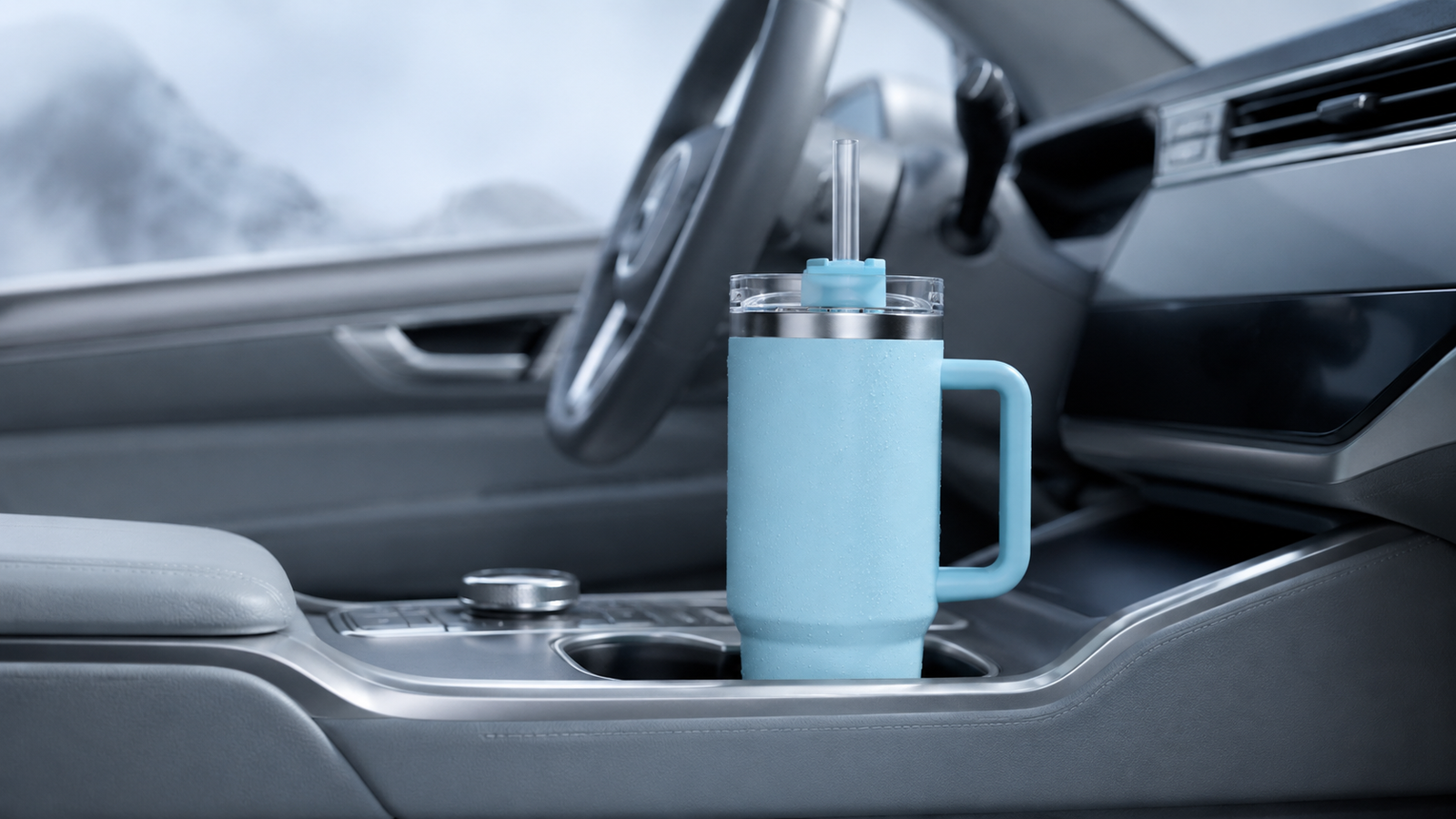 Pale ice-blue tumbler fitted in a car cup holder